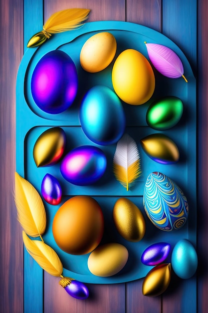 Easter poster and banner template Easter eggs feathers in a nest on a blue wooden background Gree