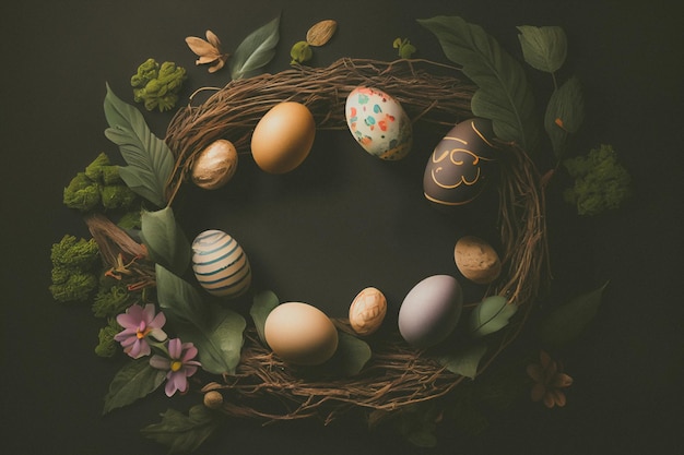 Easter poster and banner template with Easter eggs in the nest on dark background with a copy of the place for the text