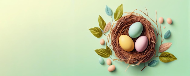 Easter poster and banner template with Easter eggs in the nest on green background with a copy of the place for the text