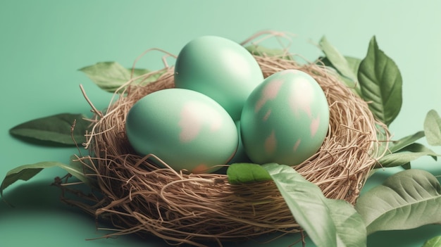 Easter poster and banner template with Easter eggs in the nest on light green background