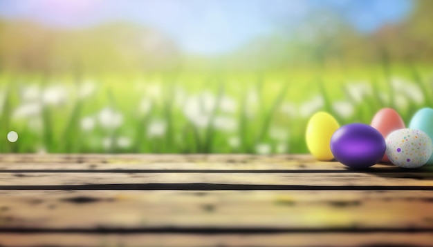 Easter product display table with easter eggs and spring meadow generative ai