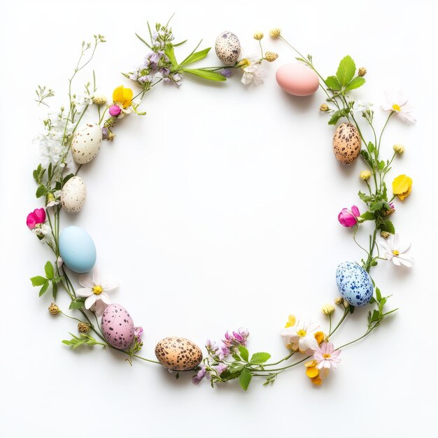 Photo easter quail eggs and springtime flowers over white background spring holidays concept with copy spa