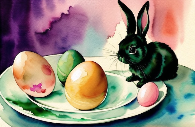 Easter Rabbit and Eggs in Watercolor Nature Landscapes Happy easter day Cute bunny AI Generated