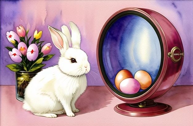 Easter Rabbit and Eggs in Watercolor Nature Landscapes Happy easter day Cute bunny AI Generated