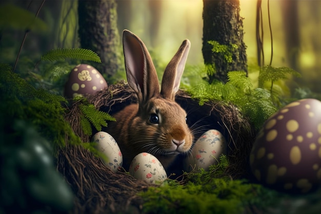 Easter rabbit in forest hole among Easter eggs Fluffy rabbit is looking for colored decorated eggs in the forest grass near the hole in the form of an egg sunlight