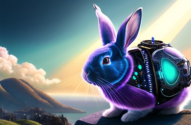 Easter Rabbit robot poster in beautiful Nature Landscapes Happy easter day Cute bunny AI Generated