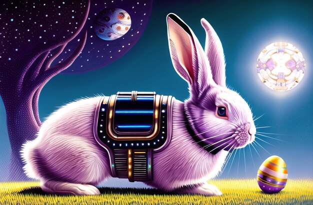 Easter Rabbit robot poster in beautiful Nature Landscapes Happy easter day Cute bunny AI Generated