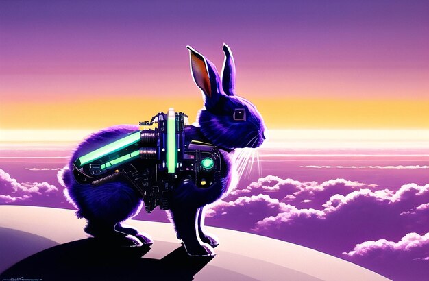 Easter Rabbit robot poster in beautiful Nature Landscapes Happy easter day Cute bunny AI Generated