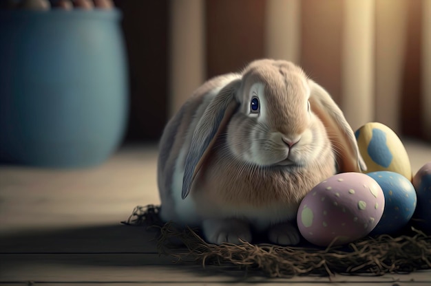 Easter rabbit sitting next to a pile of eggs