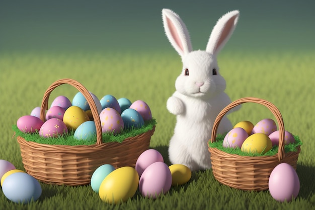 Easter rabbit spring meadow with colorful eggs in a basket and flowers Generative AI