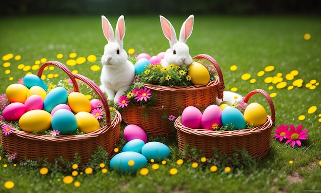 Easter rabbit spring meadow with colorful eggs in a basket and flowers Generative AI