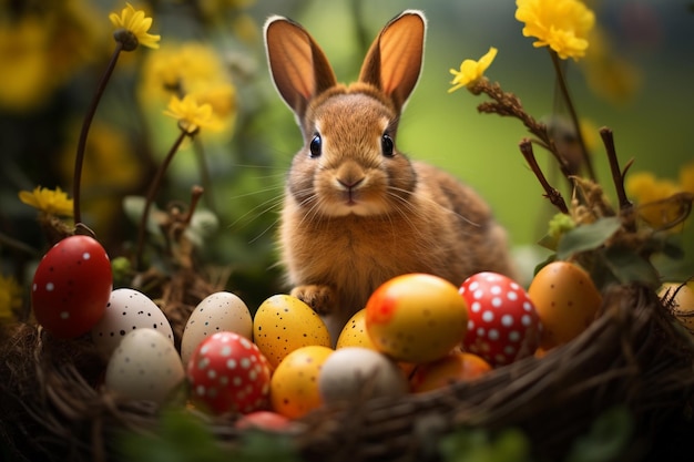 Easter rabbit surrounded by vibrant dyed eggs