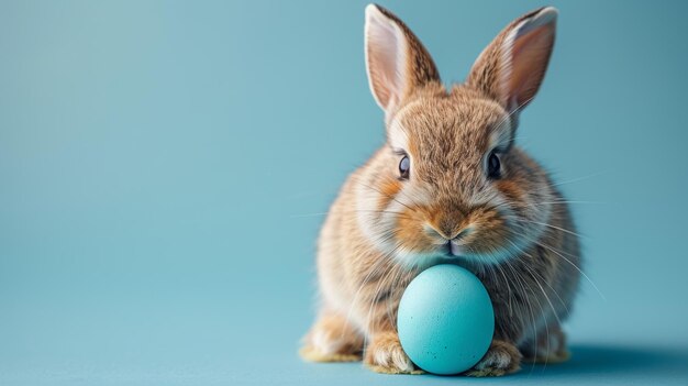 Easter rabbit with a blue painted egg on a blue background