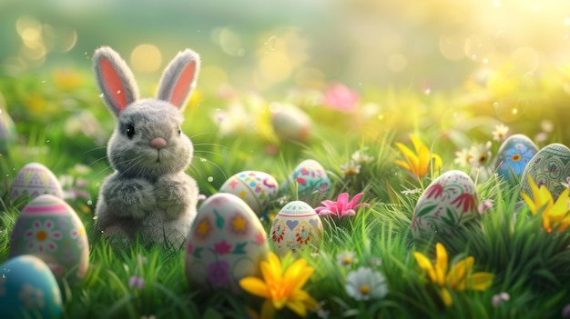 Easter scene featuring a plush Easter bunny nestled among vibrant Easter eggs in a lush grassy field