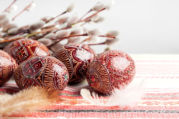 Easter still life with Pysanka on traditional Ukrainian cloth