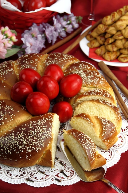 Easter sweet bread with red eggs