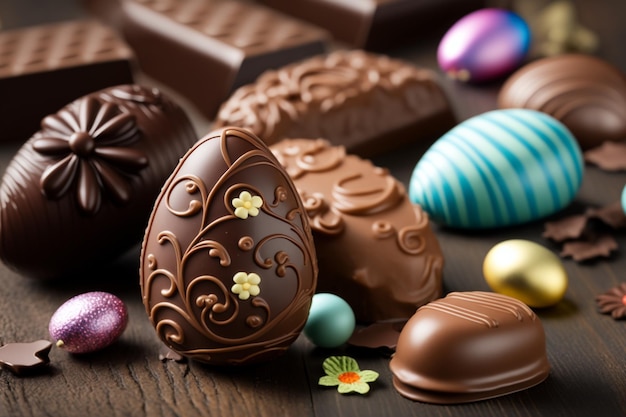 Easter symbol eggs and pieces of chocolate Chocolate is a food made from fermented and roasted cocoa beans