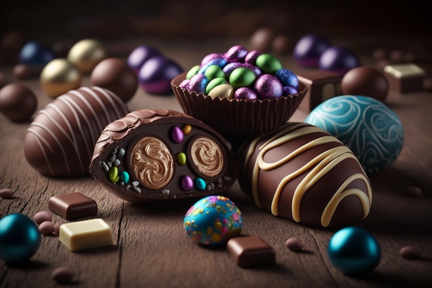 Easter symbol eggs and pieces of chocolate Chocolate is a food made from fermented and roasted cocoa beans