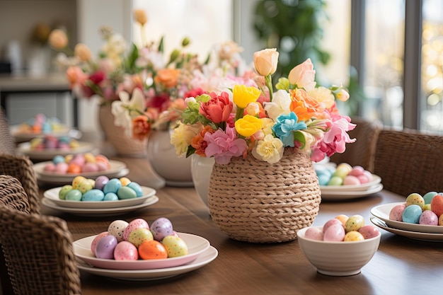 An Easter table adorned with beautifully decorated eggs creating a festive holiday atmosphere Generative AI