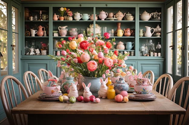 An Easter table adorned with beautifully decorated eggs creating a festive holiday atmosphere Generative AI