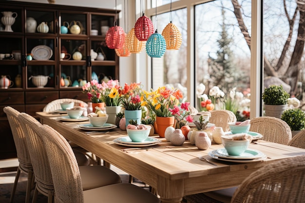 An Easter table adorned with beautifully decorated eggs creating a festive holiday atmosphere Generative AI