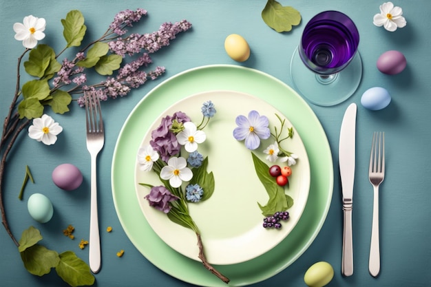 Easter table decor using cutlery and spring flowers Background of holidays Generative AI