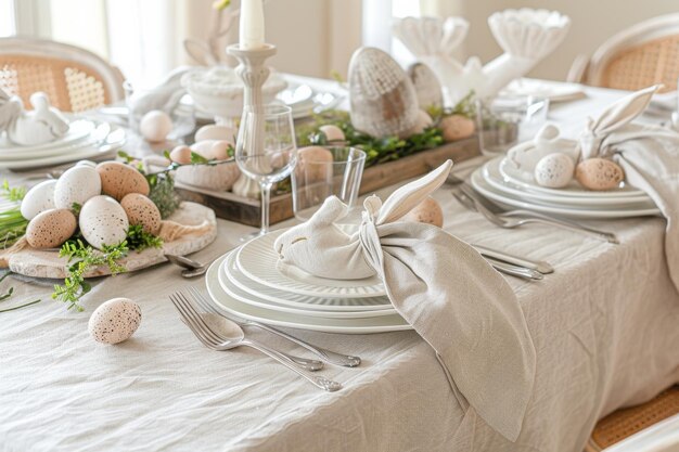 Easter Table Set With Eggs and Greenery