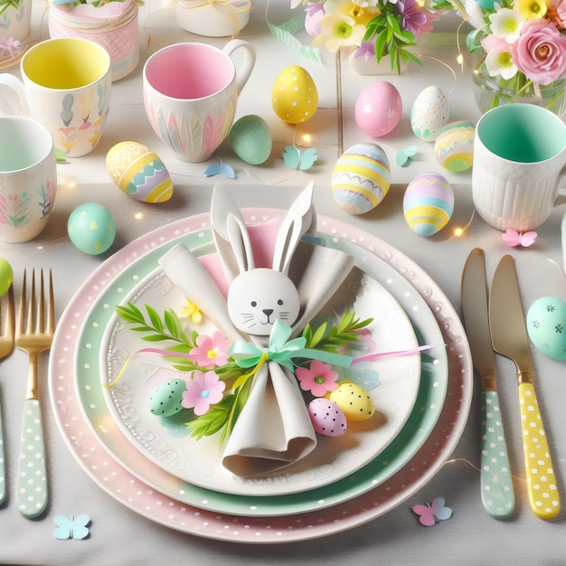 easter table setting with eggs generative with Ai