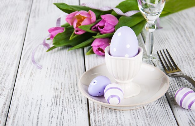 Easter table settings with fresh tulips