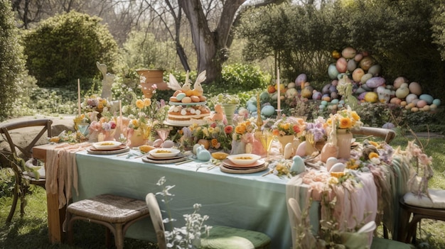 Easter table with easter eggs on the table