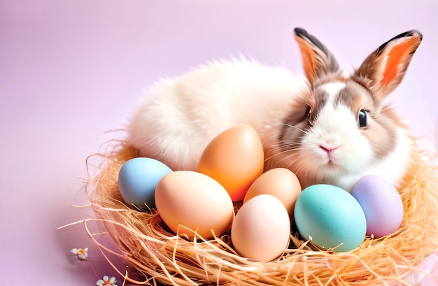 Easter theme a rabbit lies on eggs in a festive basket made of straw