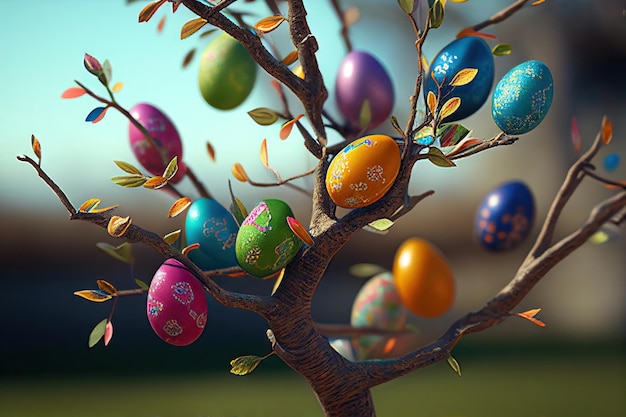 Easter tree with colorful eggs Generative AI