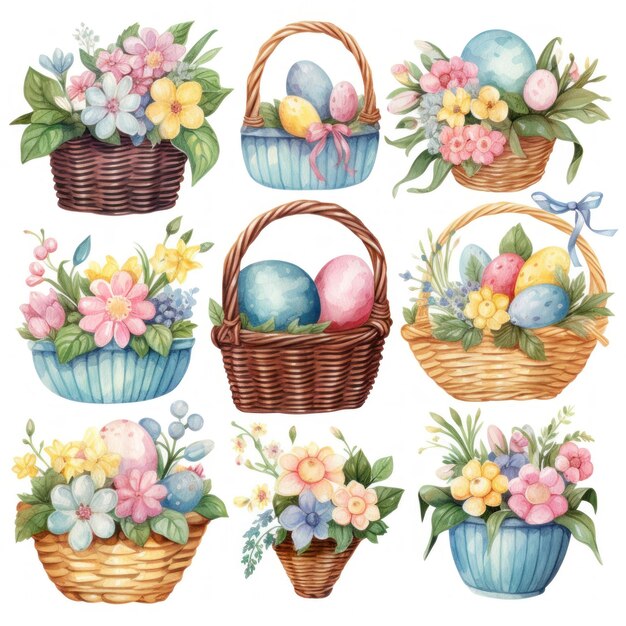 Easter wicker baskets with painted eggs spring flowers in watercolor generative ai