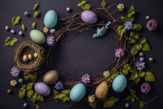 Easter wreath of eggs on dark background with spring flowers and a nest. Generative AI