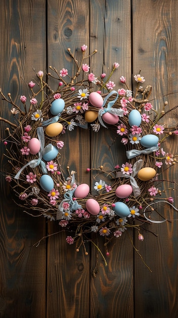 Easter wreath made of spring flowers willow twigs and Easter eggs on wooden surface AI Generated