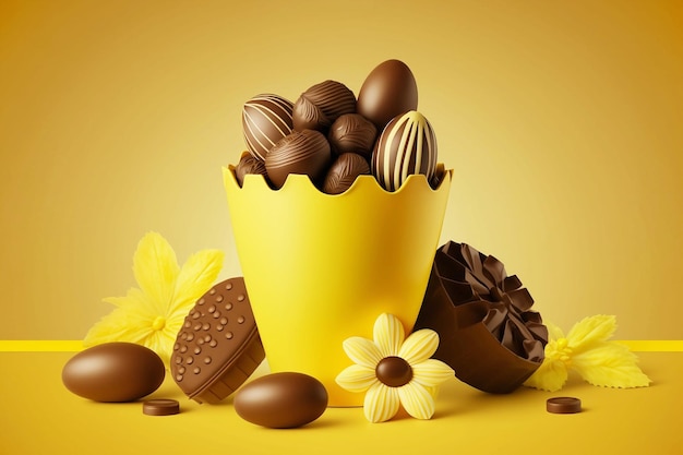 Easter yellow background with chocolatte eggs and candy