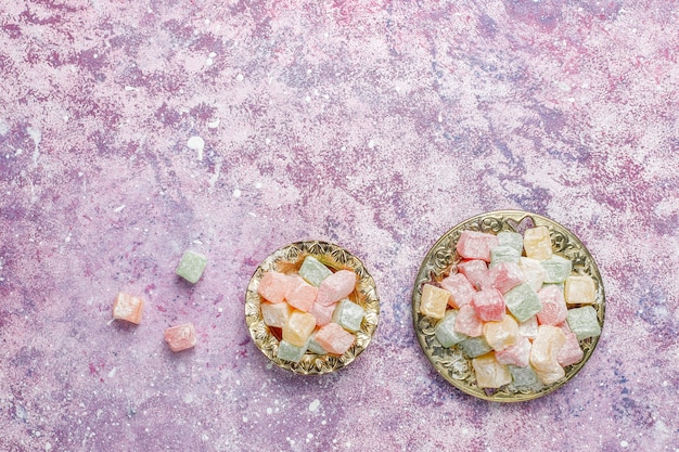 Eastern sweets.Turkish delight,lokum with nuts,top view.