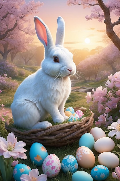 Easters Charm Serene Sunrises Playful Bunnies and Pastel Blossoms Capturing Family Tradition Generative AI Art