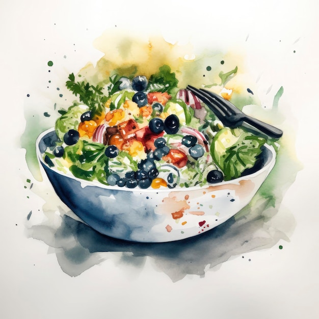 Easy abstract watercolor drawing of a salad bowl white background Generate Ai