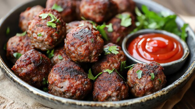 Easy Baked Meatballs on Ceramic Dish with Ketchup Ensemble