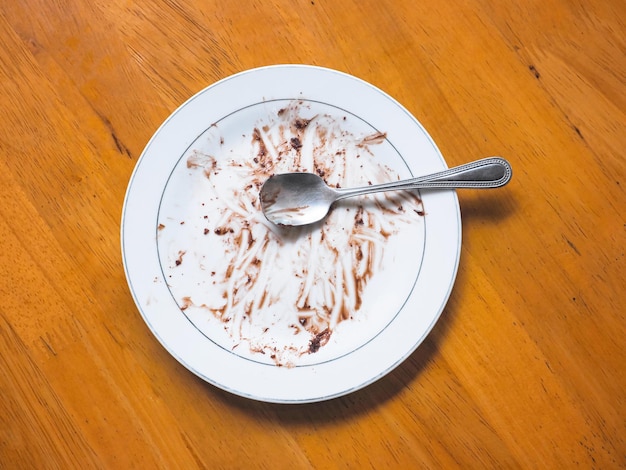 Eaten chocolate sauce on white plate