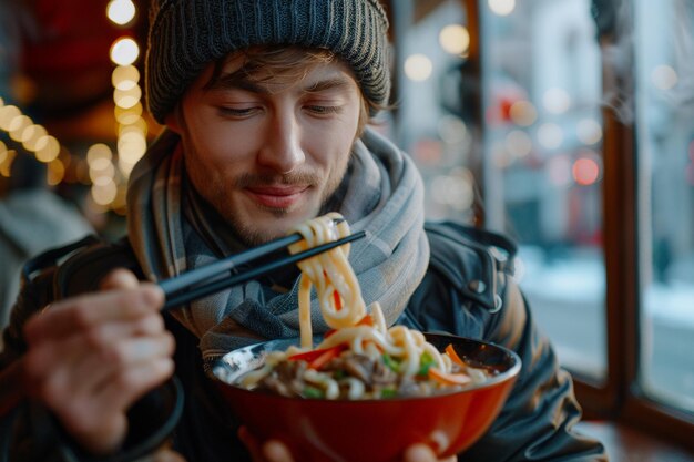 Photo eating beef and vegetables udon noodles wok