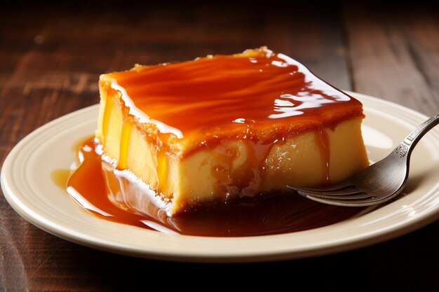 Eating the delicious typical argentine and south american dessert called flan with caramel