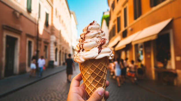 Photo eating ice cream in the streets of rome ai generative