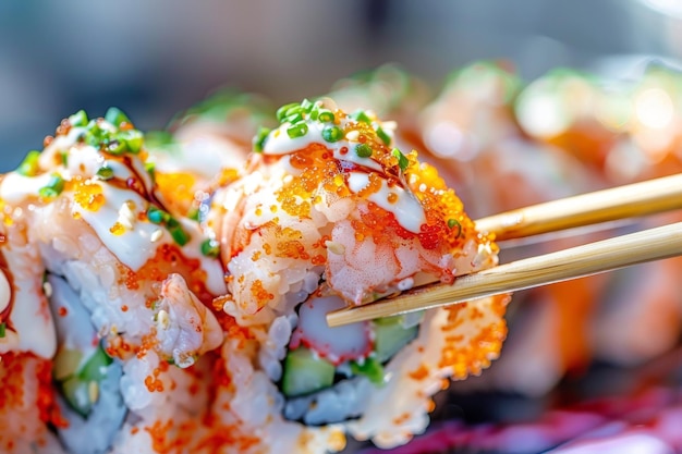 Eating Sushi Rolls with Chopsticks in Hands Taking Sushi Roll Eating Susi in Japanese Restaurant