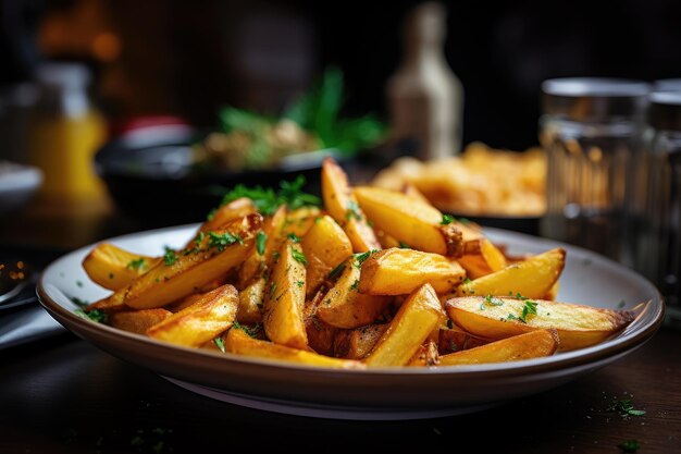 Eating vegan fries with friends at a restaurant savoring the flavors and ambiance