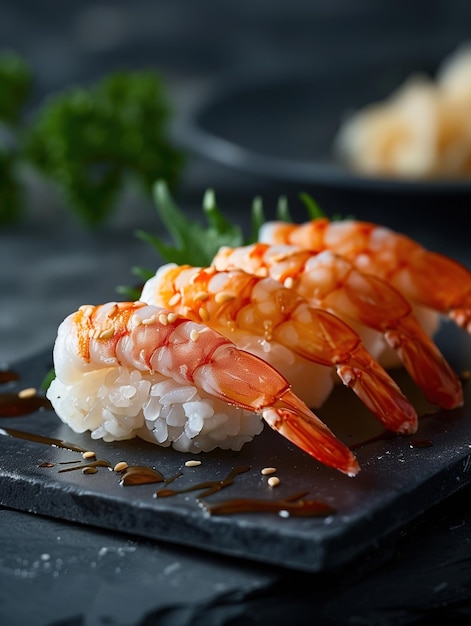 Ebi Nigiri shrimp sushi with rosemary on a dark plate close up