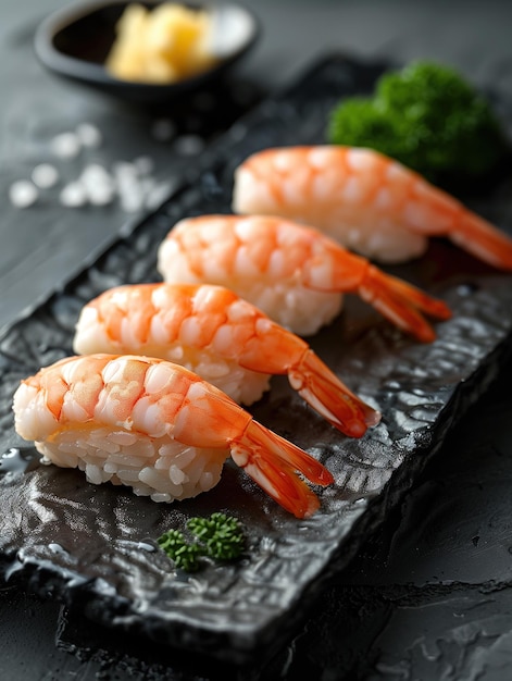 Photo ebi nigiri shrimp sushi with rosemary on a dark plate close up