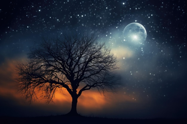 ebony tree in a field against the backdrop of the moon and stars