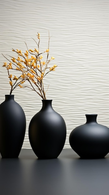 Ebony vases on sleek marble striking contrast against white wall backdrop Vertical Mobile Wallpaper